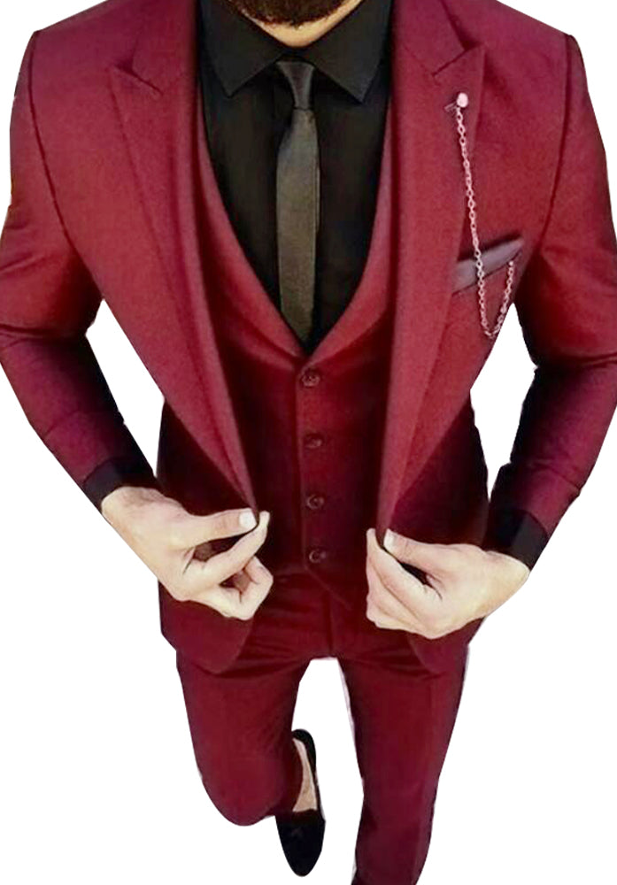 Popular Burgundy Three-Pieces Peaked Lapel Groom and Groomsmen Suits main image 1