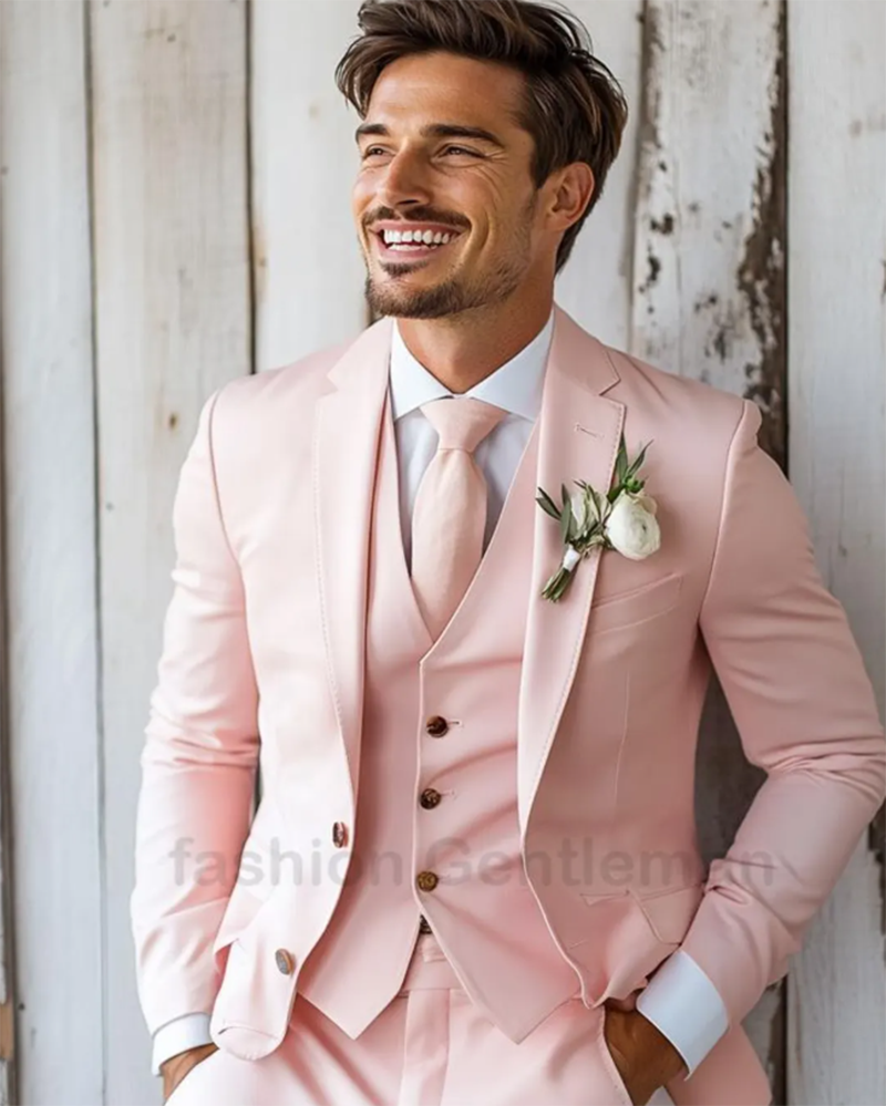 Pink Three-Pieces Slim Fit Notched Lapel Men's Prom Suits