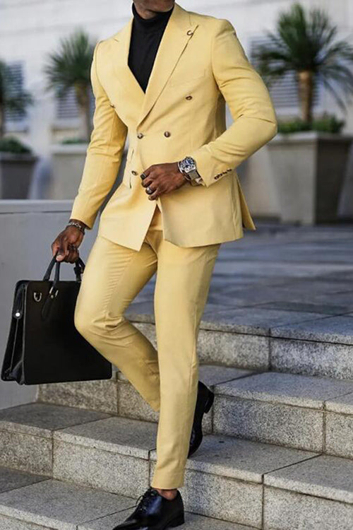 Modern Paked Lapel Yellow Designer Suits for Men's Prom with Double Breasted main image 1