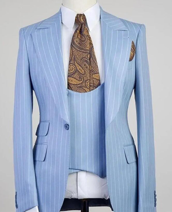 Light Blue Pinstripe Suits Wedding Outfits For Men 3 Pieces Cs4430 