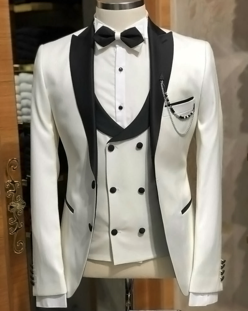 Ivory Wedding Tuxedo with Black Trim Lapel 3 Pieces Groom Dress CB1012 ...