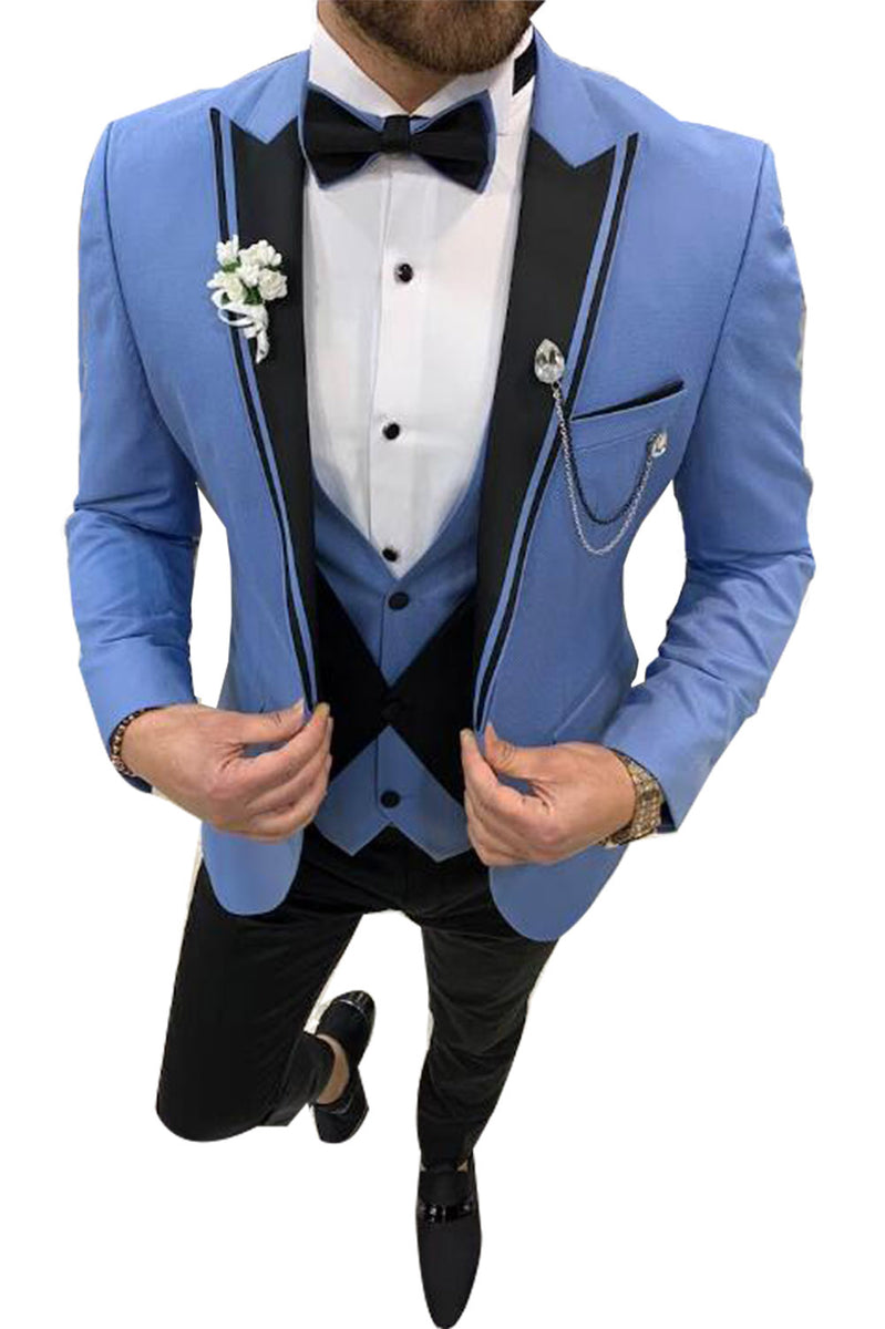 Peak Lapel Slim Fit Azure Blue Tuxedo Wedding/Prom Suits 3 pieces Outf ...