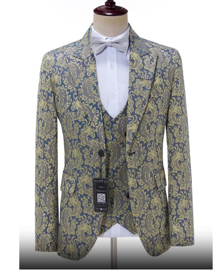 Mens 3-Piece Suit Floral Pattern Double Breasted Vest Ivory Suit main image 1