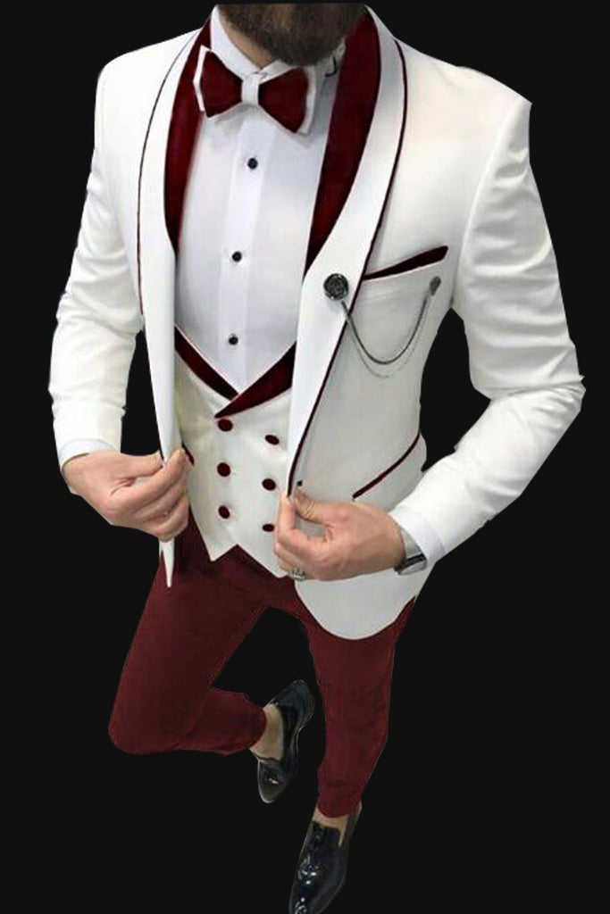 Classyby Cb5078 Ivory Wedding Tuxedos With Burgundy Lapel Groom Suits Classbydress