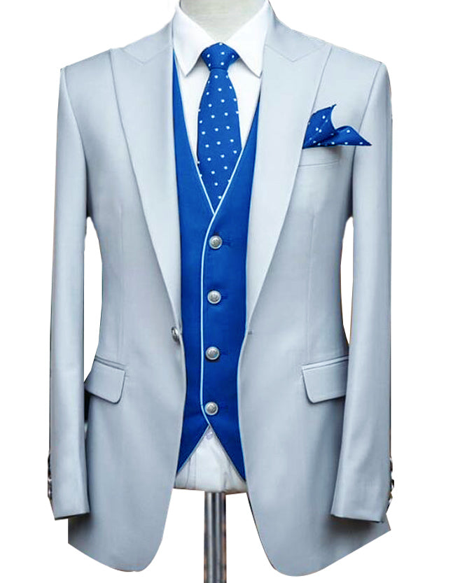 white tuxedo with royal blue vest and tie