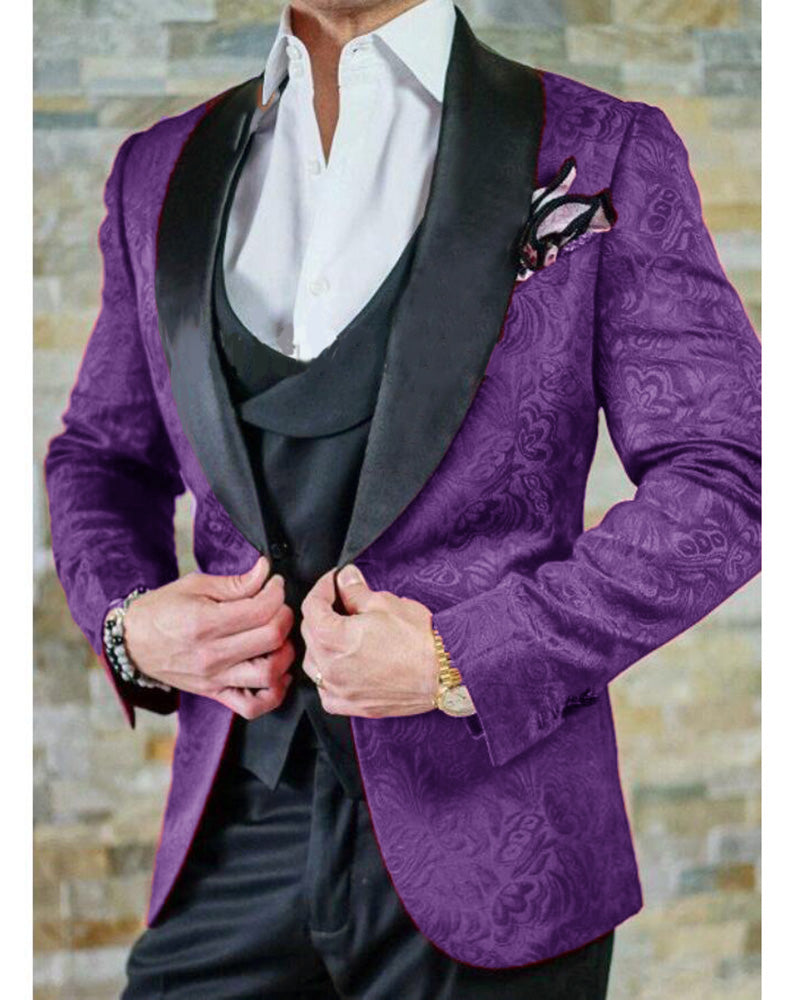 Sleek Jacquard Pattern Black and Purple Prom Suits for Men 3 Pieces Di ...