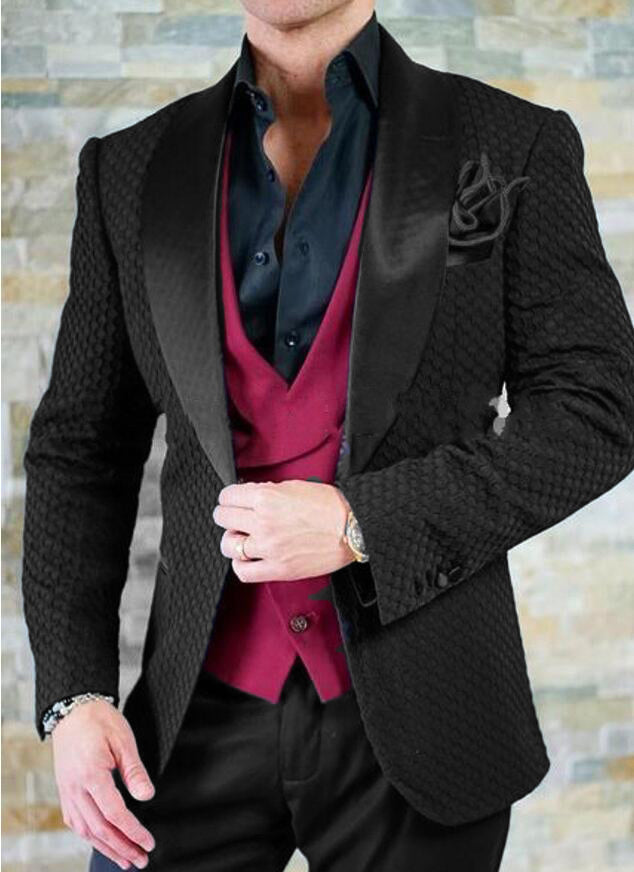 Black Tuxedo Jacket Wedding Blazer Jacquard Suits for Men 3 Pieces CB1 ...