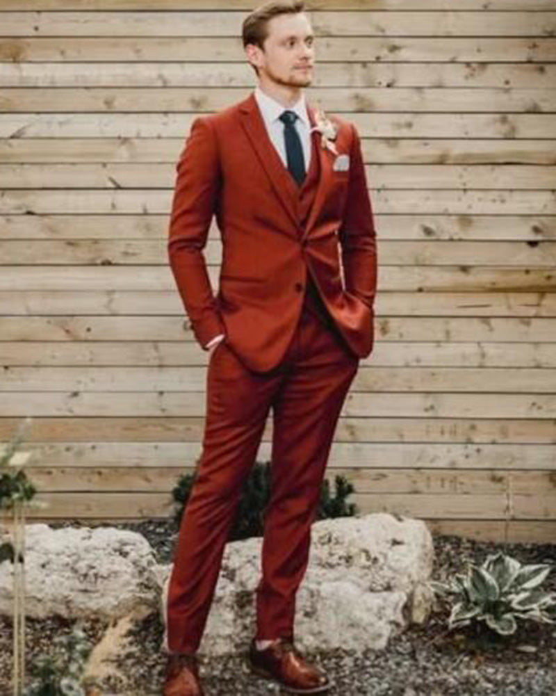 Slim Fit 3 Pieces Orange Red Autumn Wedding Suits for Groom/ Groomsmen ...