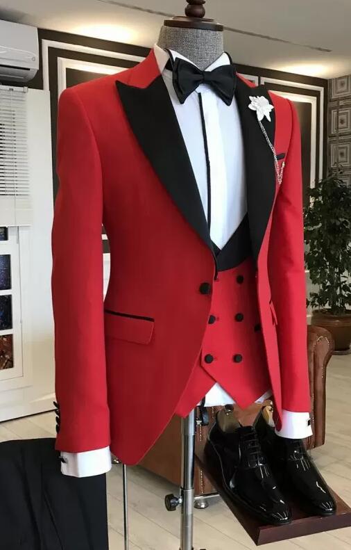 Custom Made Black Peak lapel Groom Burgundy Wedding Suit for Men Prom ...