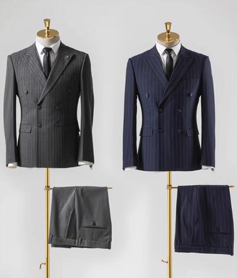 Double Breast Tailor Made Navy Blue Stripe Wedding Suits 2 Pieces