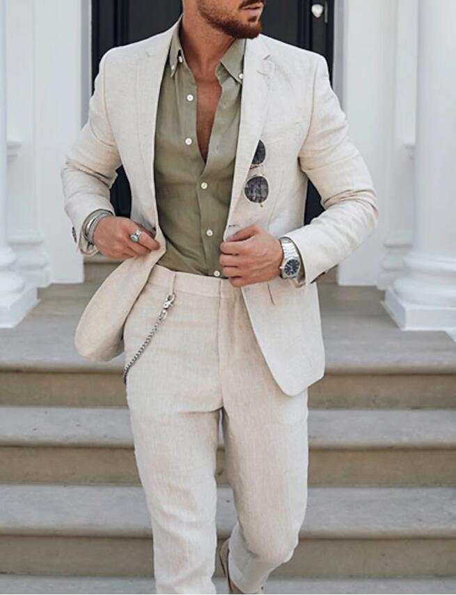 Beach Wedding Suits Off White Men Linen Suits Men's Summer