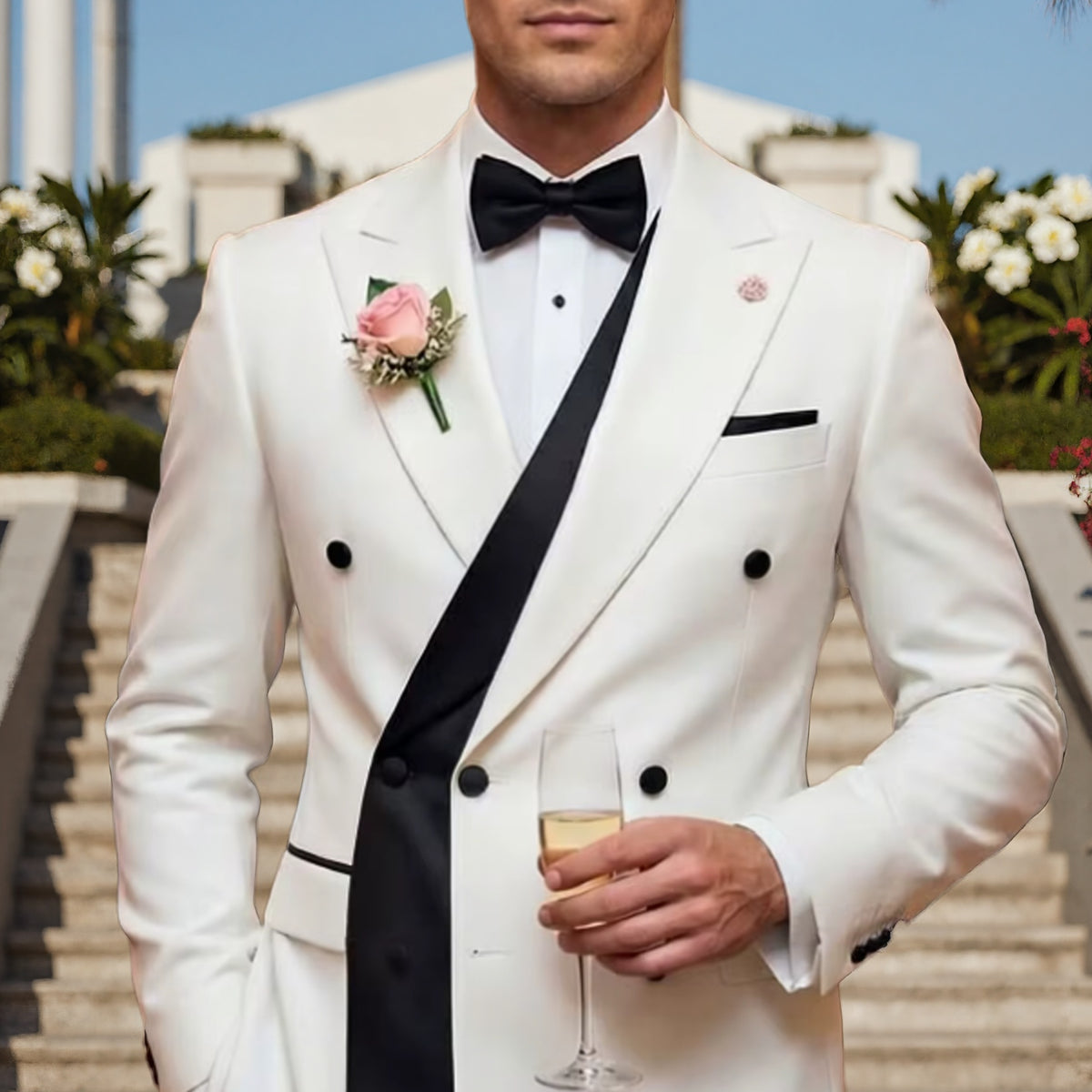Double Breasted White and Black Wedding Suits for Men Groom Best Man F ...