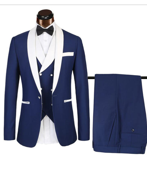 Blue/White Groomsmen Suit Men's Wedding Tuxedo Three Pieces (Jacket+pa ...