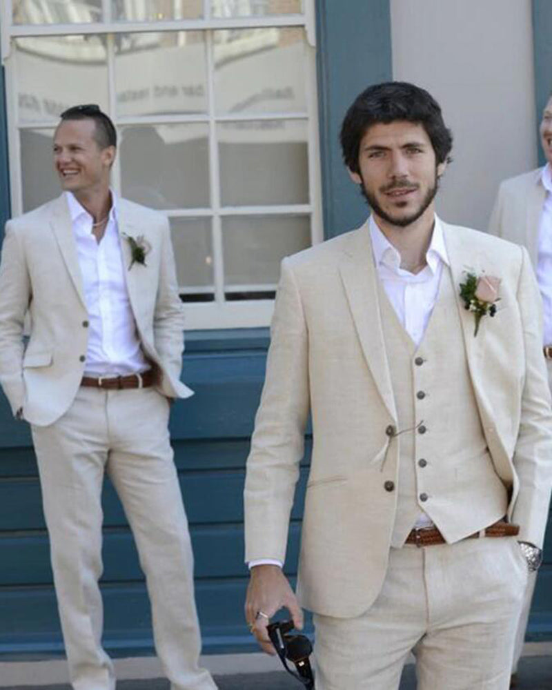 Classyby Beach Wedding Suits Men Linen Groomsmen Tuxedo Marriage Three ...