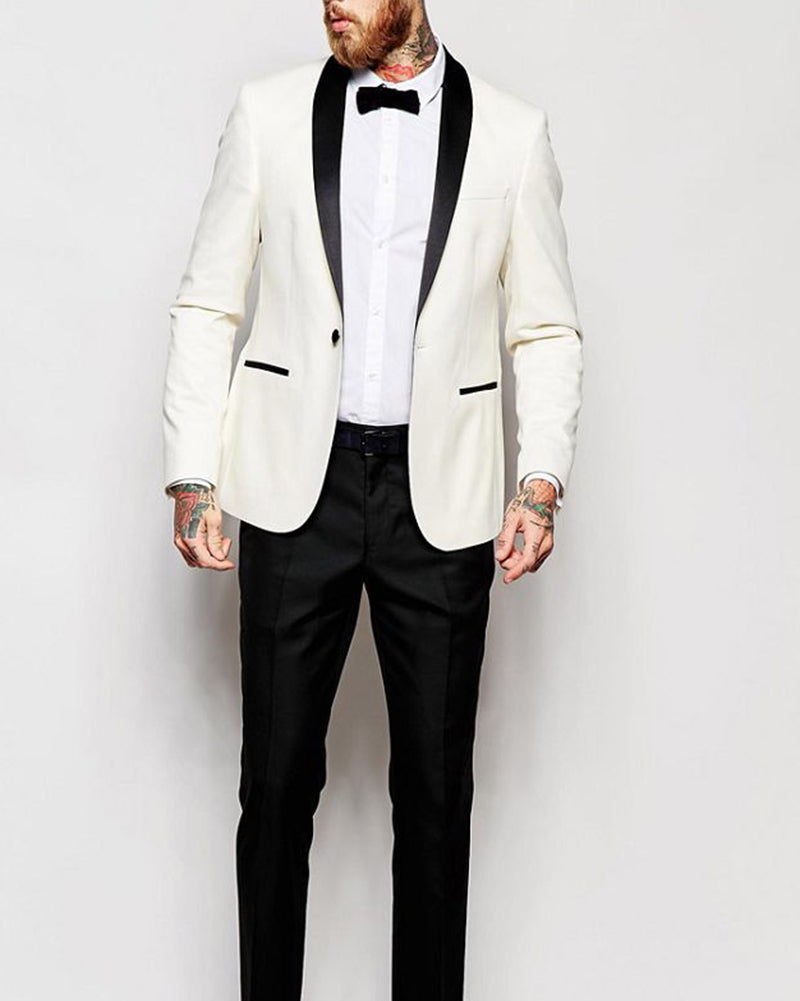 We'll always love the classic look of a white tuxedo jacket paired with black  pants and a black bow t… | White tuxedo jacket, Black suit wedding, Mens  fashion suits