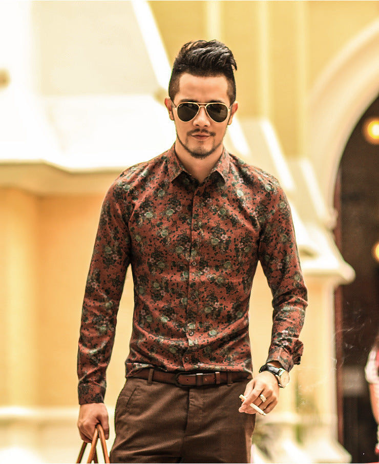 Flower print brown men's shirt