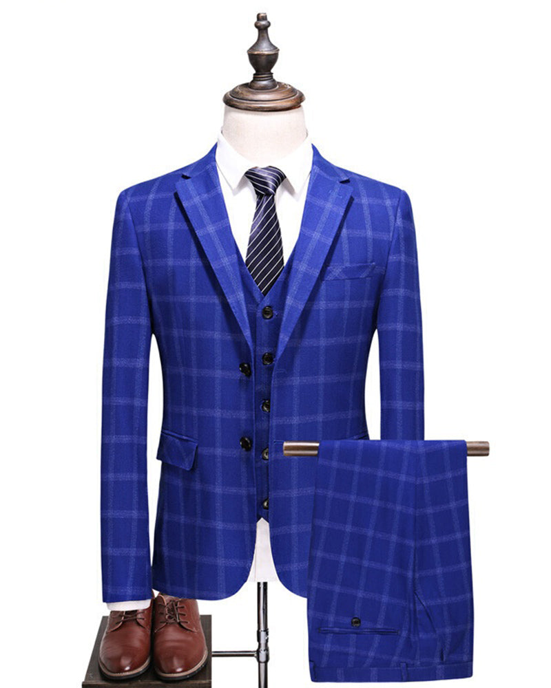 ClassyBy Royal Blue Plaid Wedding Suit Three Pieces (Jacket+pants+vest ...