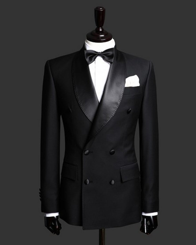 Classyby New 2024 Double Breast Black Man Wedding Suits Tuxedos Satin ...