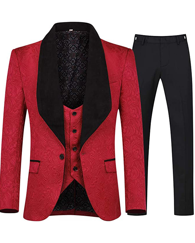 Red Men's 3 Piece Suit Slim Fit Jacquard Tuxedo One Button