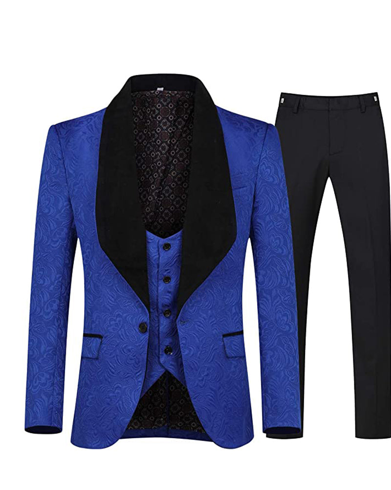 Red Men's 3 Piece Suit Slim Fit Jacquard Tuxedo One Button