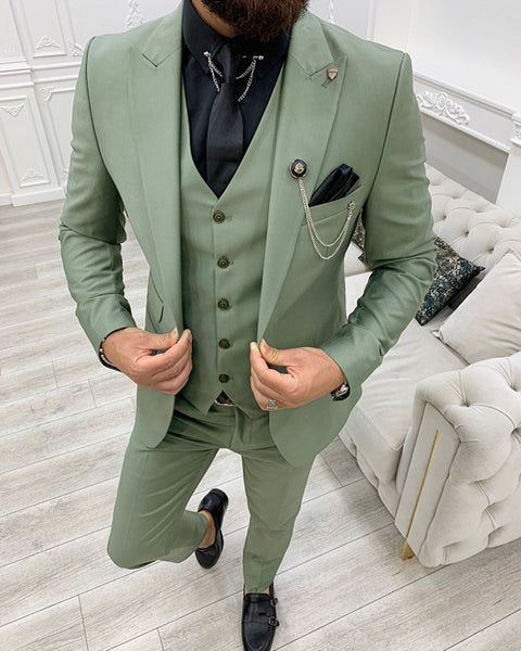 Peak Lapel Sage Green Prom Suits for Young Men Spring Groomsmen Weddin ...