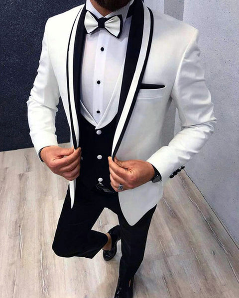 Black and White Groom Tuxedo Suits for Wedding Men Blazer 3 Pieces (Ja ...