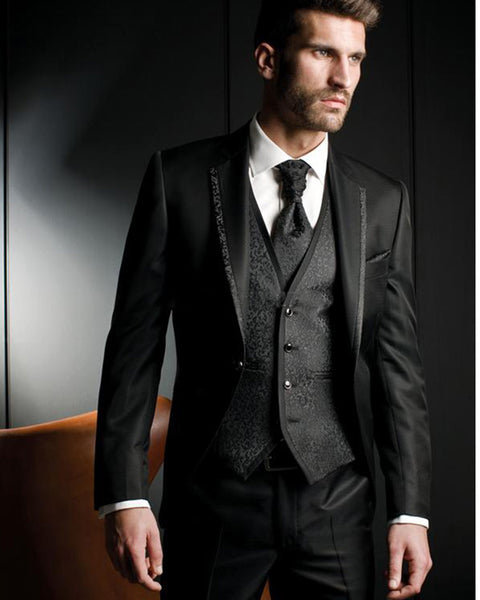 Classic Black Wedding Suits outfits for Men Groom Tuxedos 3 Pieces cos ...