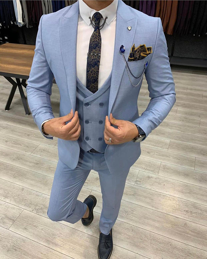 Sky Blue Pinstripe Three Piece Suit, Wedding Suits