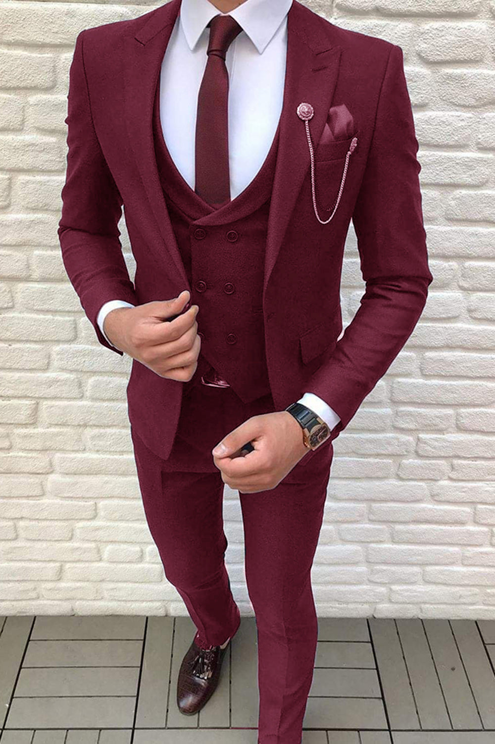 Slim Fit Three Pieces Wedding Groomsmen Suits Burgundy Prom Suits for ...