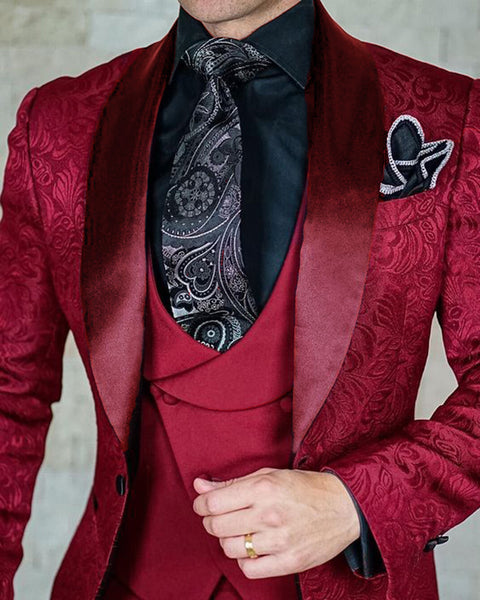 3 Pieces Jacquard Pattern Red Wine Tuxedo Groom Wedding Suits CB47676 ...