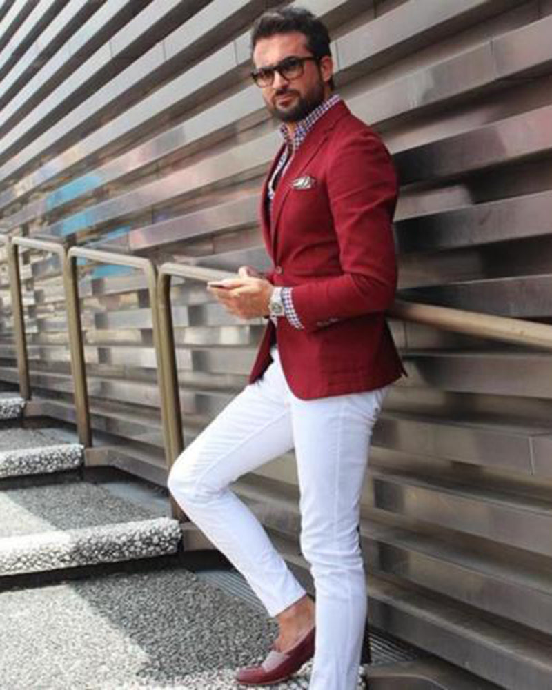 Maroon blazer with hot sale white pants