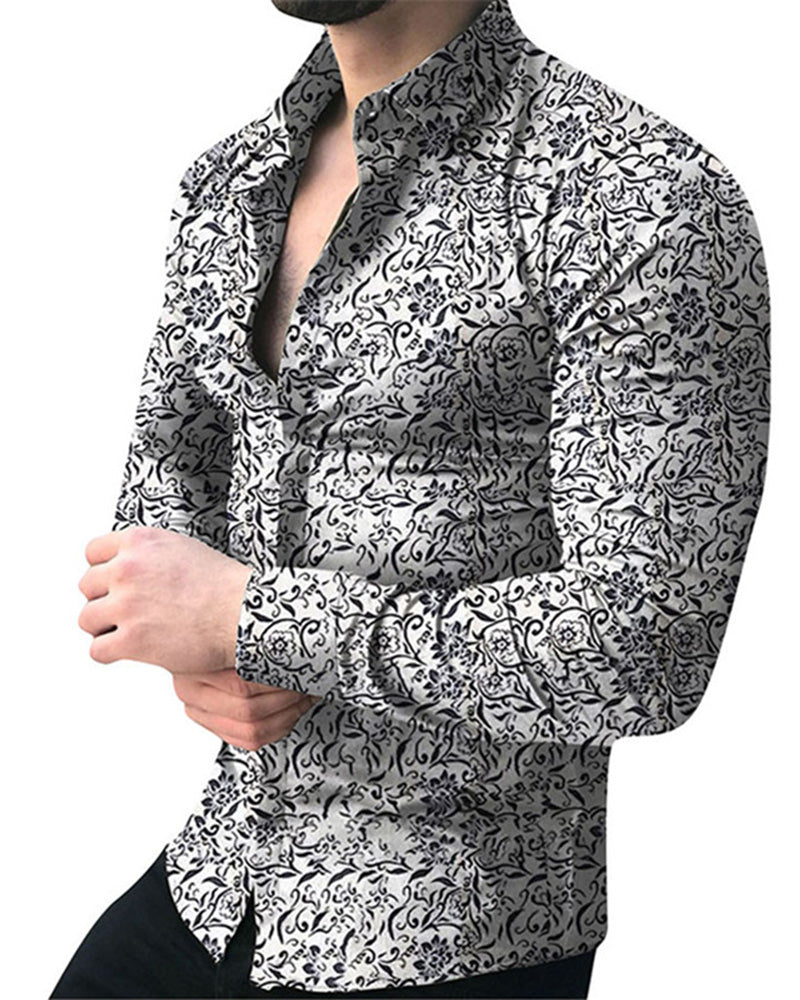 Men Shirt Long Sleeve Top Floral Male Blouse Casual Shirts Summer Autu ...