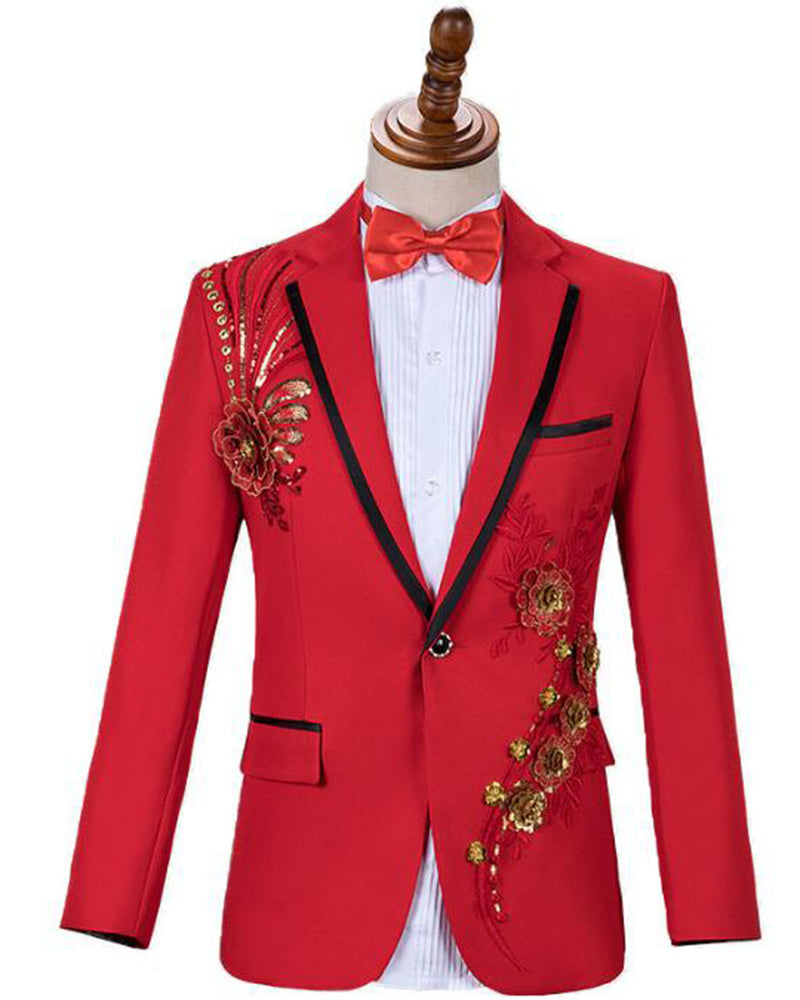 Red Sequin Embroidery Lace Floral Men Wedding Tuxedo One Button Stage ...