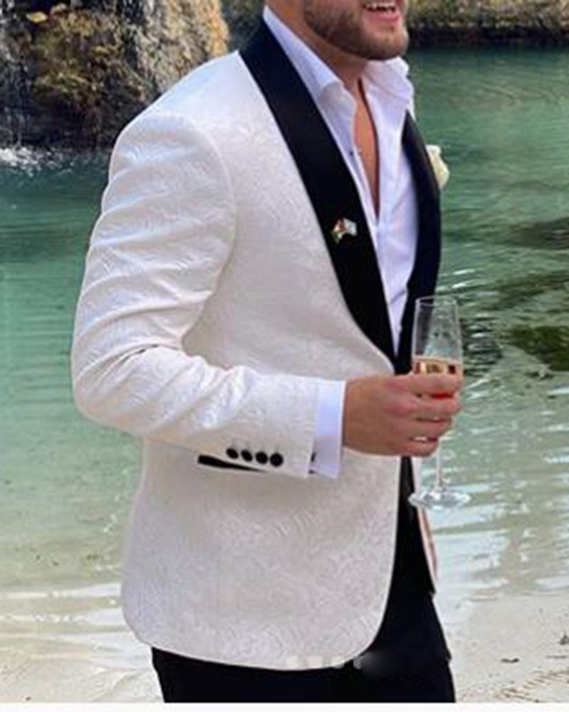 Modern White Jacquard Floral Wedding Tuxedo With Burgundy Lapel