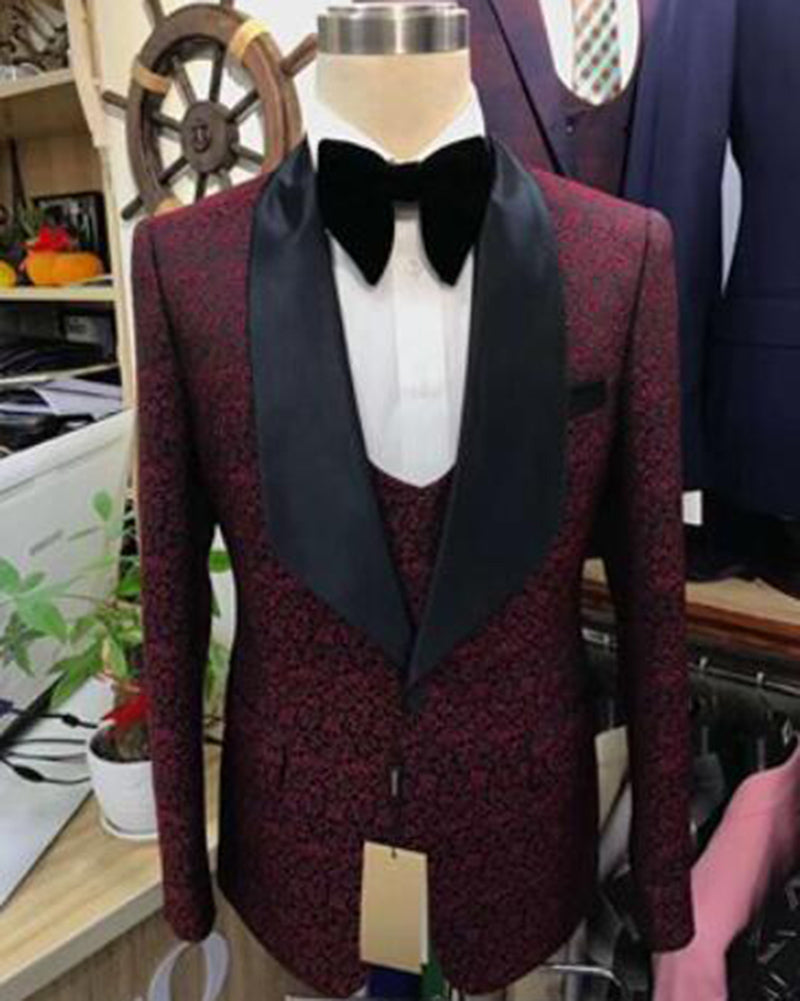 Burgundy Jacquard Pattern Suits Groom tuxedos for men Bridal outfit fo ...