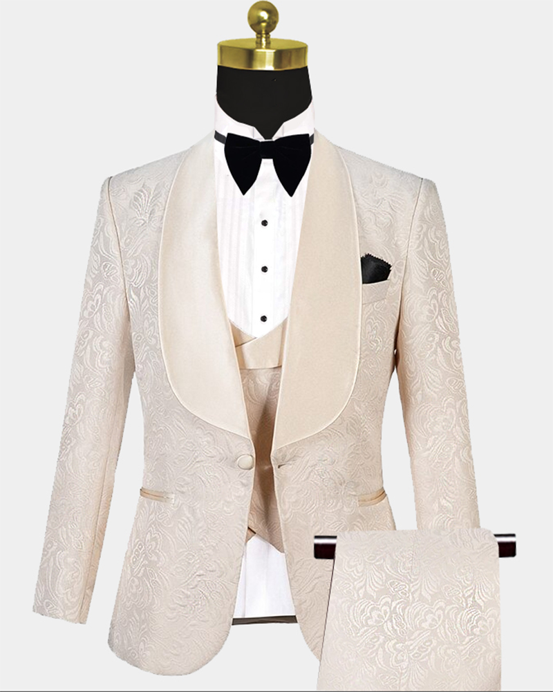 Beige Paisley Groom Tuxedos Wedding Outfits Suits for Men 3 Pieces CB1 ...