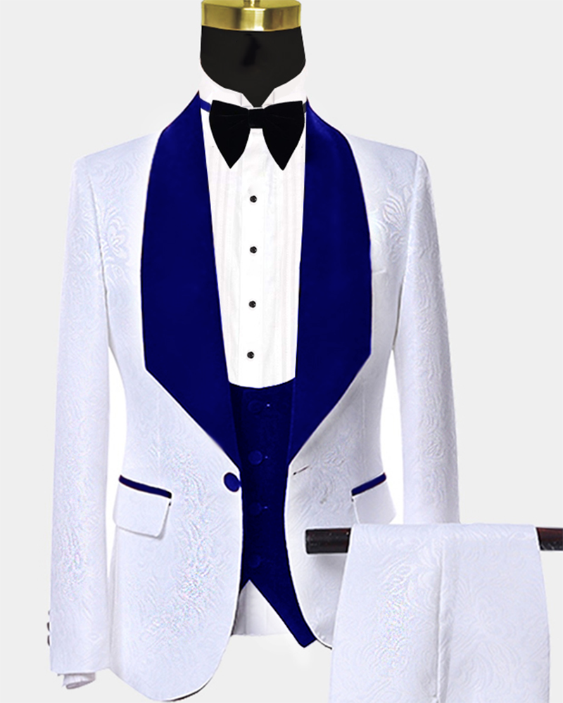 Royal Blue Velvel SHawl Lapel White Wedding Suits Groom Blazer Tuxedo ...