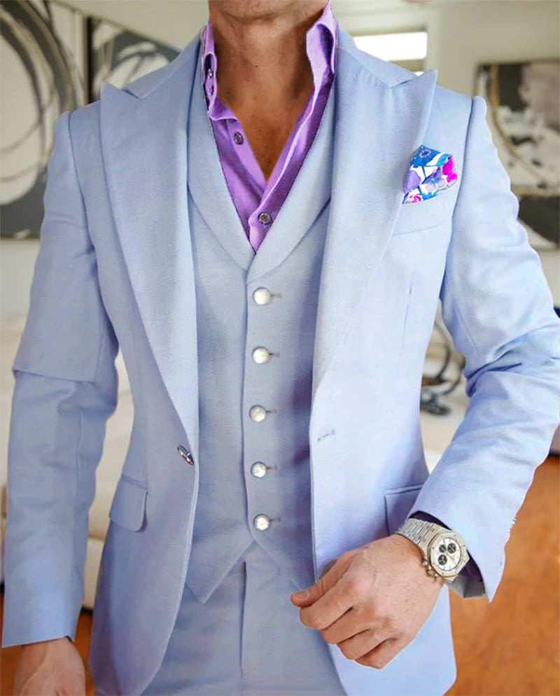 Classic Peak lapel Three Piece Light Blue Suit ,Men's Party Suit for S ...