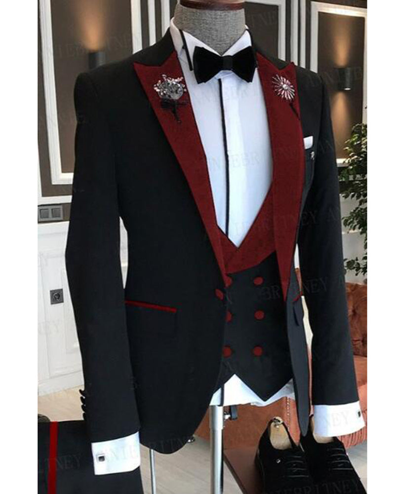 Stylish Peak Lapel Velvet Red and Black Wedding Tuxedo Suits for Men 3 ...