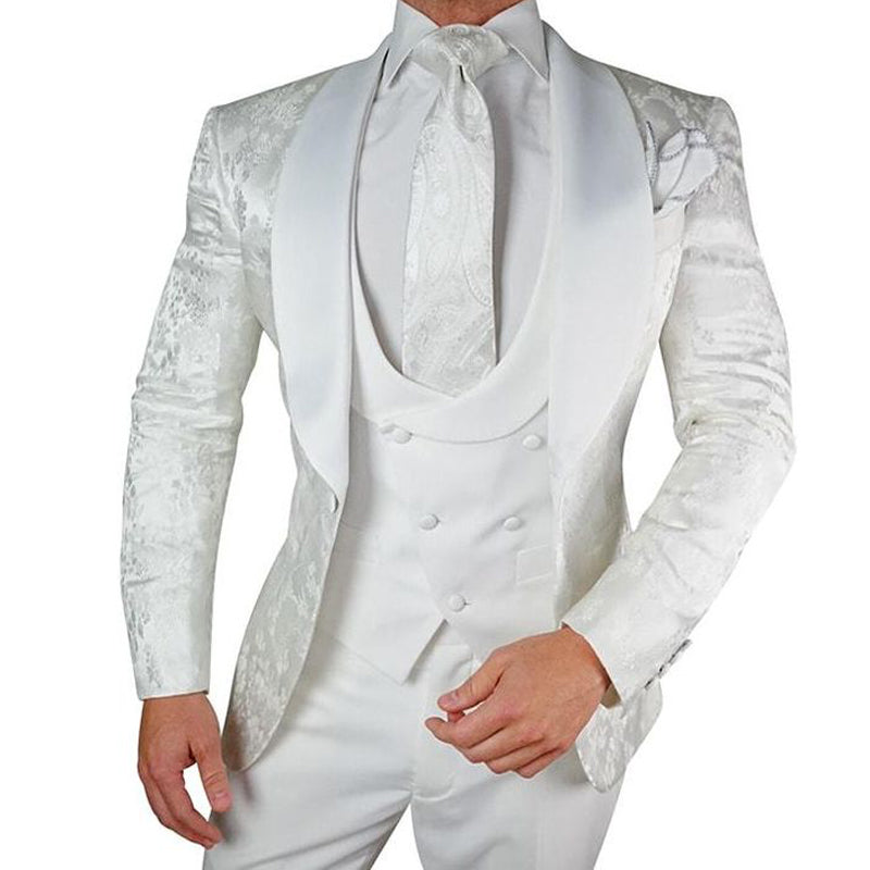 Ivory Floral Pattern Jacquard Wedding Tuxedo for Groom 3 Pieces Slim F ...