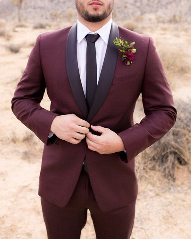 Fashion Burgundy Wedding Tuxedo for Groomsmen with Black Shawl two Pie classbydress