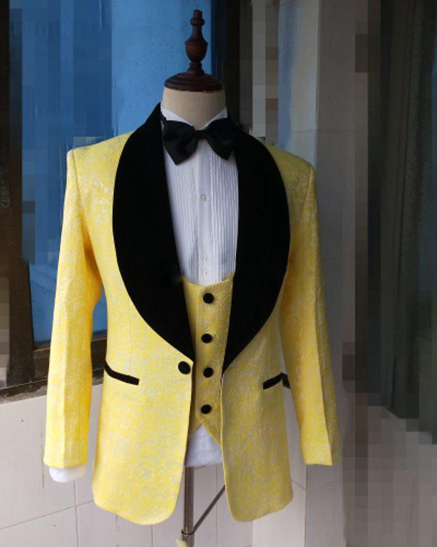 Slim Fit Lapel Shawl Yellow Prom Dress Suit For Men Formal Party Blazer outfit garnitur meski jacket pants vest