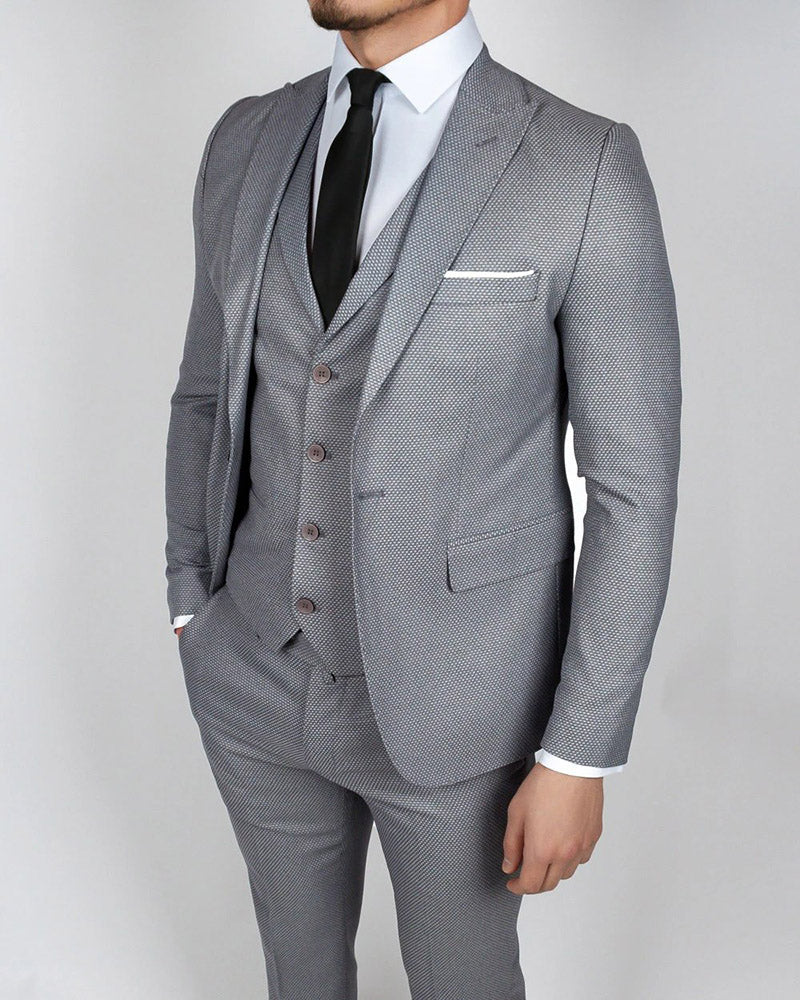 Stylish Slim Fit Peak Lapel Tailor Made Wool 3 Pieces Gray Suits For M ...